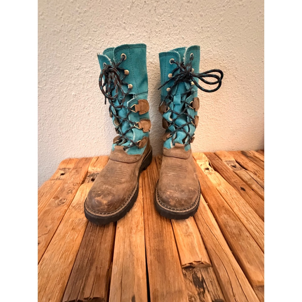 Ariat Fatbaby Boots 7B Brown Turquoise Suede Leather Lace Up Winter 10011869